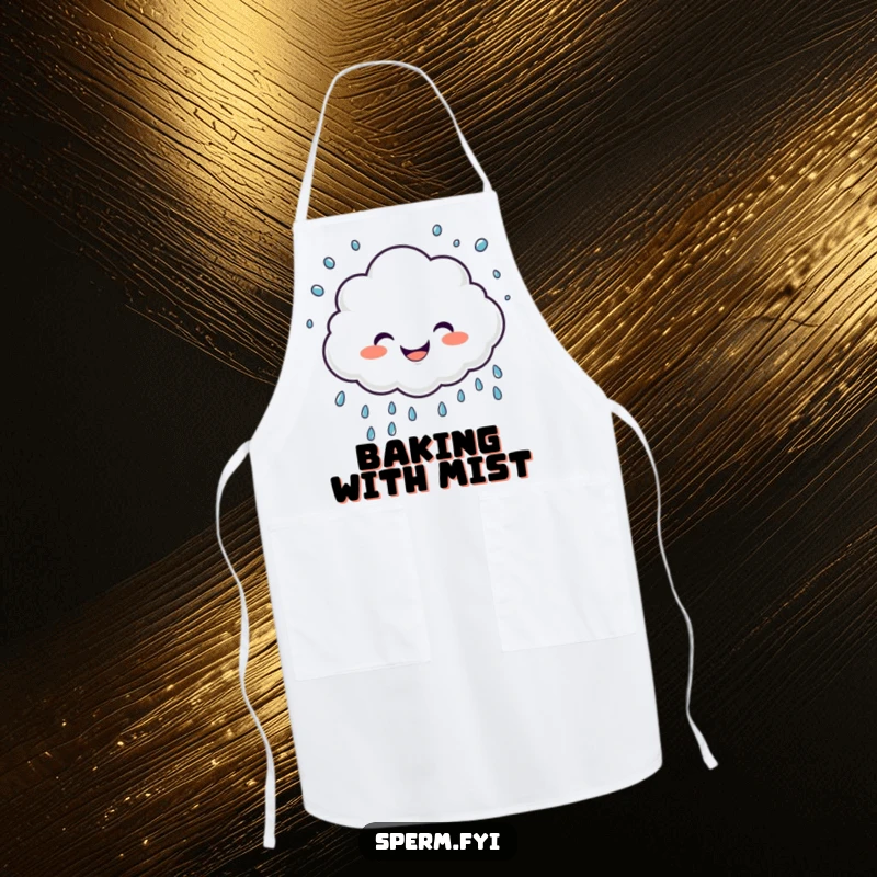 Funny kitchen apron with a giggling cloud character sprinkling joyful raindrops, great for humorous chefs.