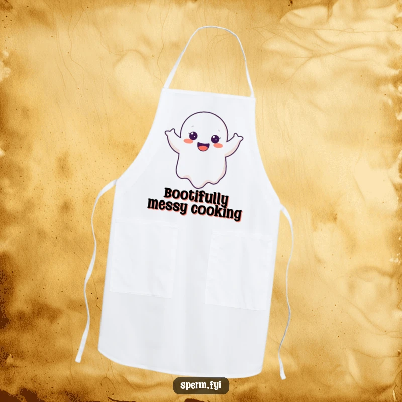 Funny Ghost Apron with a cheerful cartoon ghost doing a joyful wobble, adding humor to kitchen tasks.