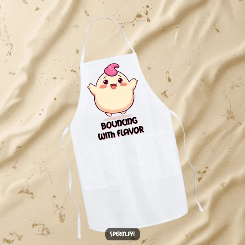 Funny blob apron showing a happy character cheerfully bouncing upwards, ready to add fun to cooking.