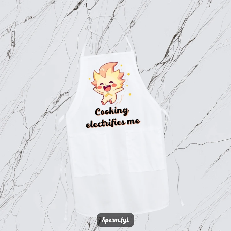 Funny apron with a joyous spark character zipping through the air, perfect for energetic cooking.