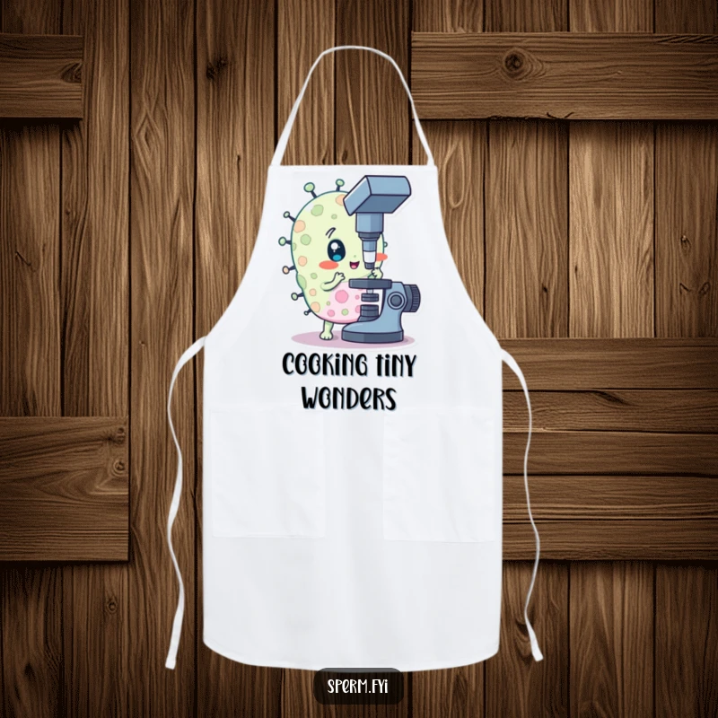 Funny apron with a curious bacteria character looking through a microscope, perfect for kitchen experiments.