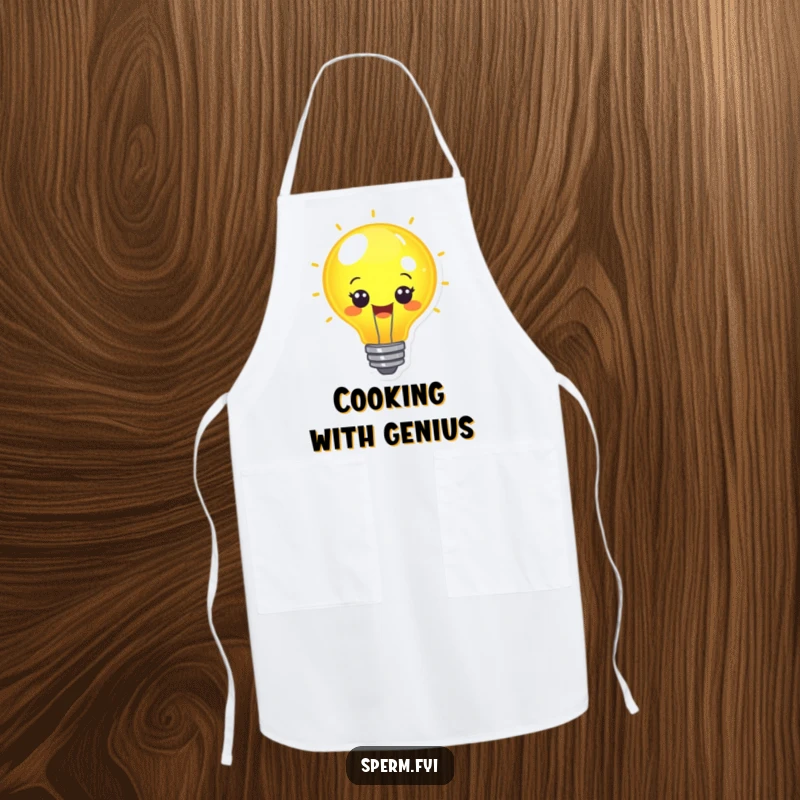Funny cheerful lightbulb character glowing brightly while wearing a chef's hat on an apron.