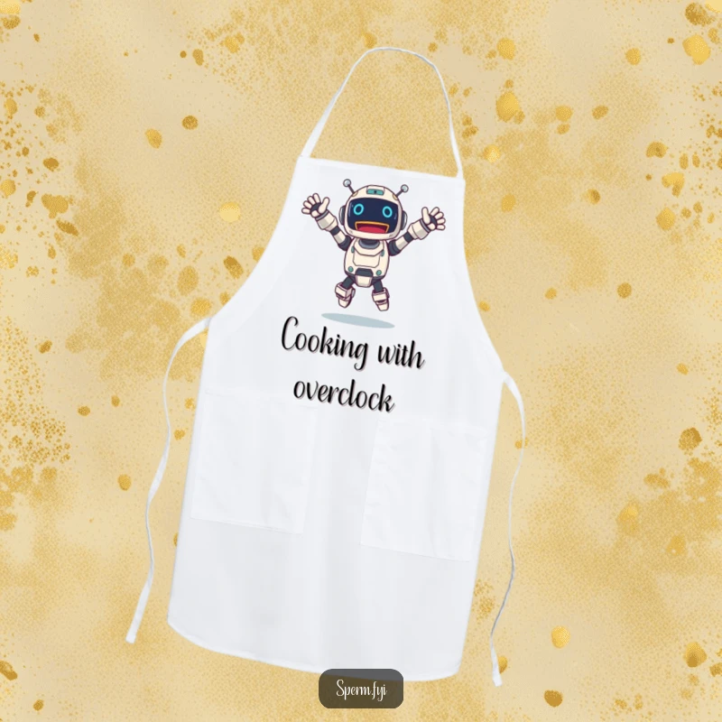 Funny robot apron showing an excited character jumping with arms outstretched, ready for kitchen adventures.