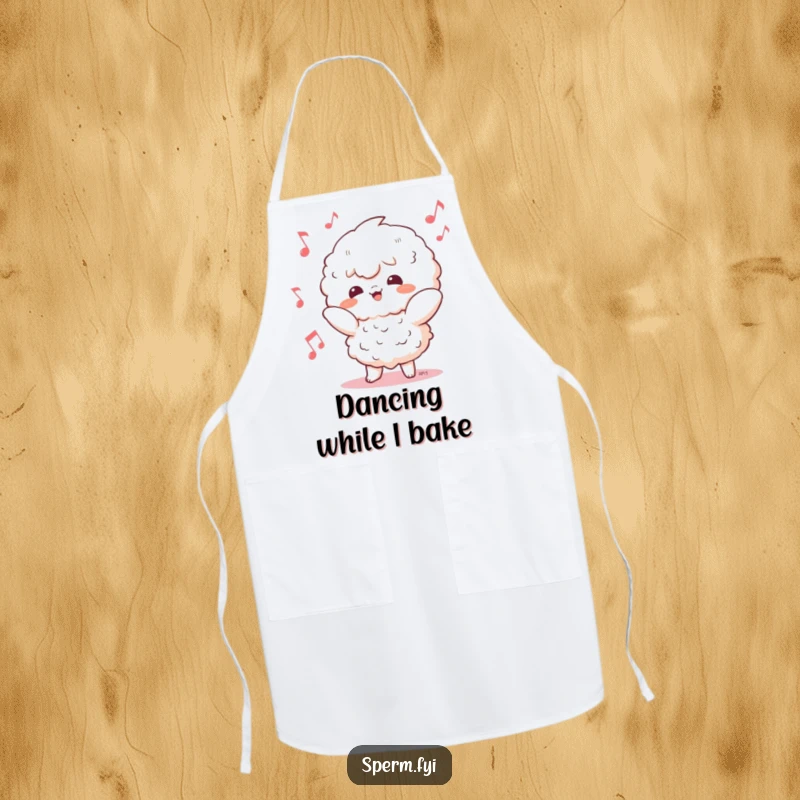 Funny Kawaii character apron showing a cheerful dancer with musical notes, designed for kitchen fun and protection.