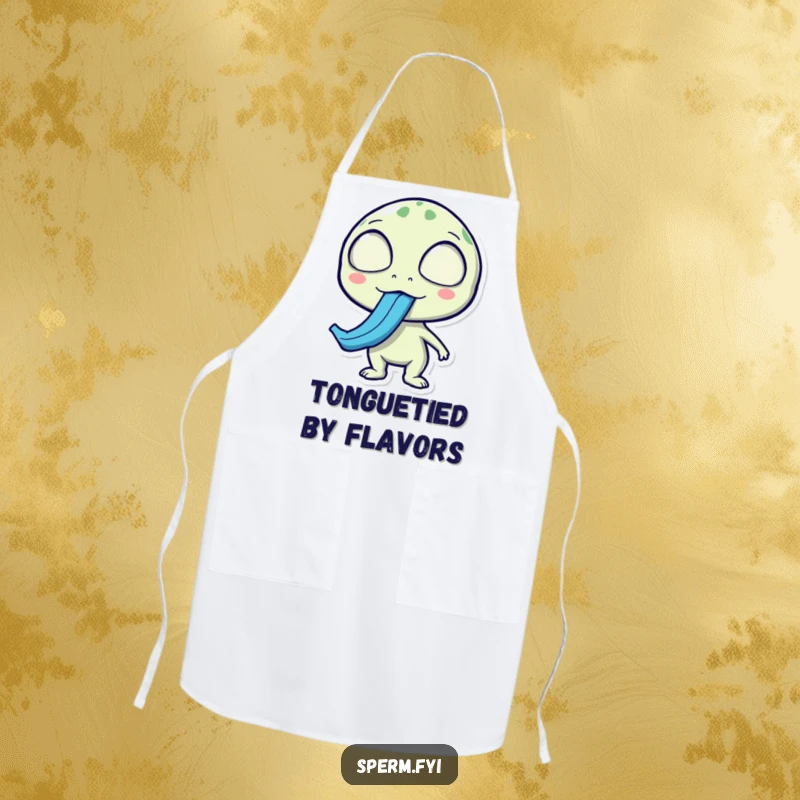 Funny alien apron, surprised expression, sticking out a long blue tongue, perfect for humorous cooking.