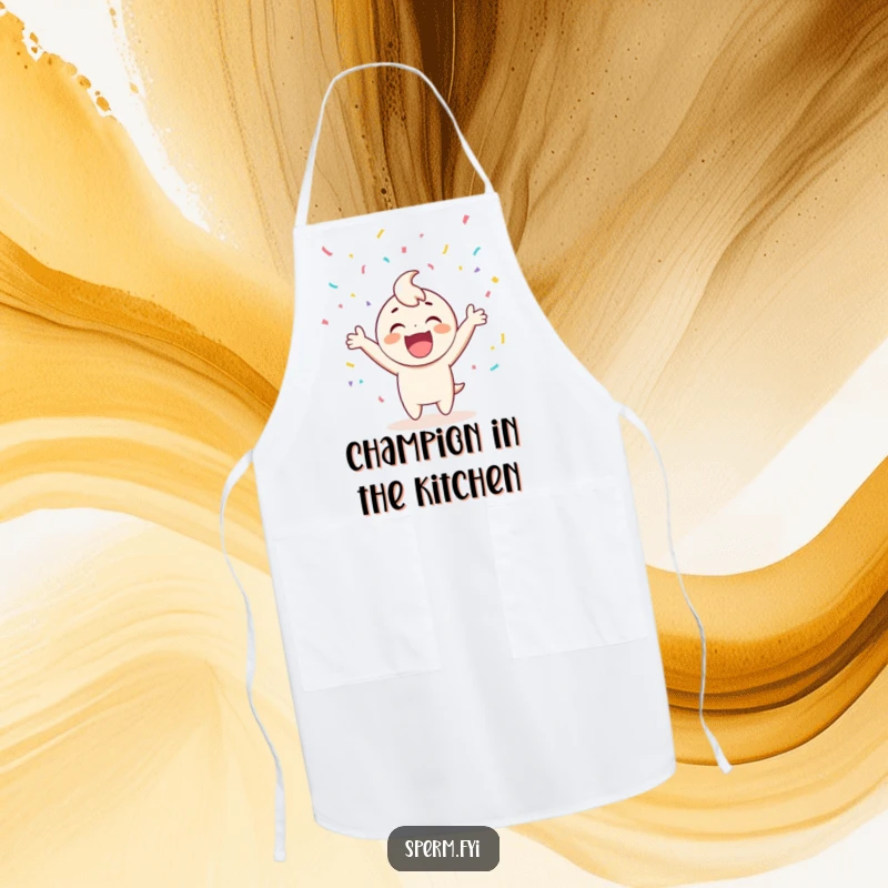 Funny apron depicting a happy character cheering with confetti, adding a festive and humorous touch to cooking.