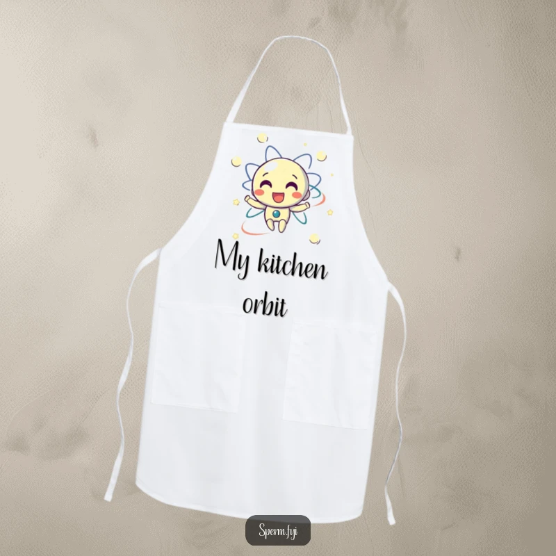 Funny apron with a delighted electron character happily orbiting, perfect for scientists and cooks who enjoy humor.
