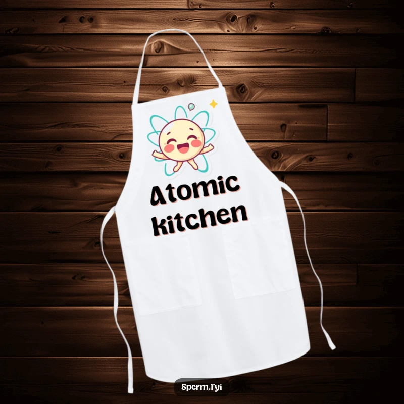 Funny apron with a joyful little atom character happily spinning, perfect for bringing energetic fun to cooking.