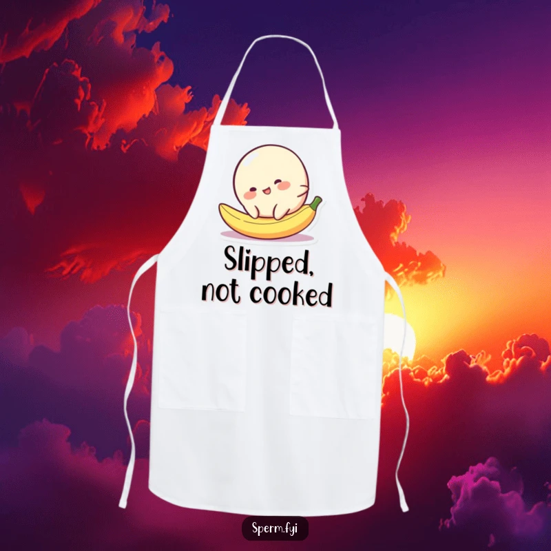 Funny blob character comically slipping on a tiny banana peel, perfect for a humorous kitchen apron.