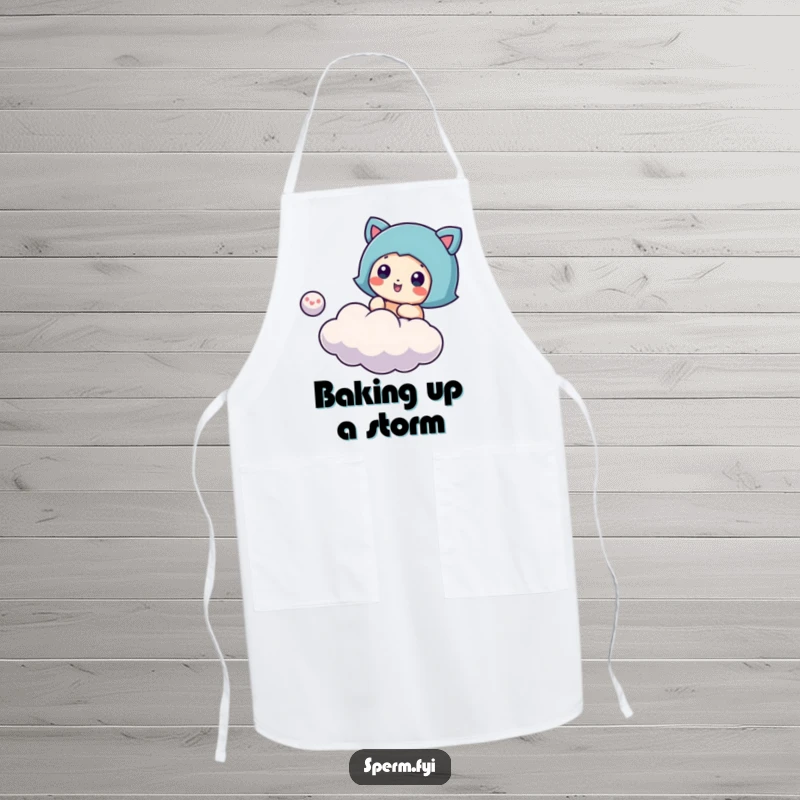 Funny cloud bouncing apron, a character playing with a small cloud, ideal for kitchen fun.