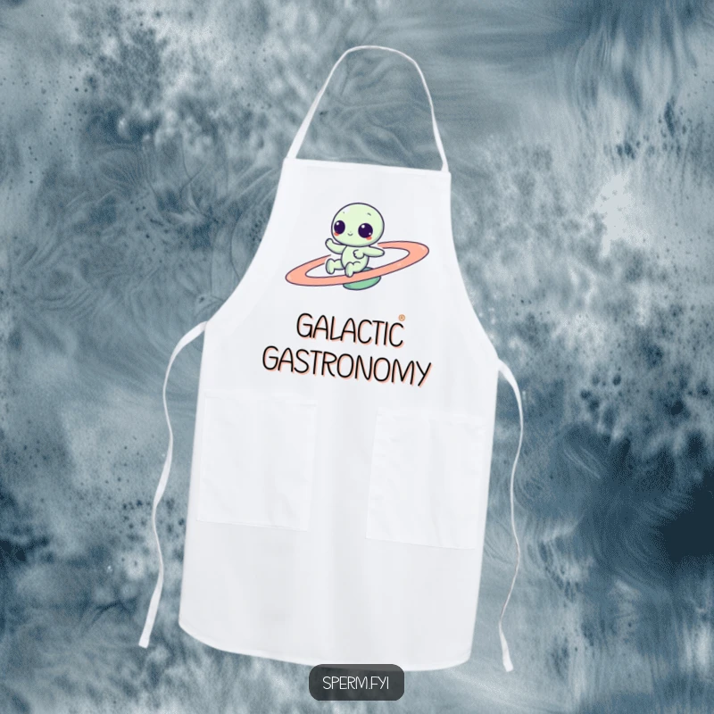 Funny Kawaii alien zipping around a spinning planet, illustrated on a practical apron for hilarious cooking sessions and kitchen fun.