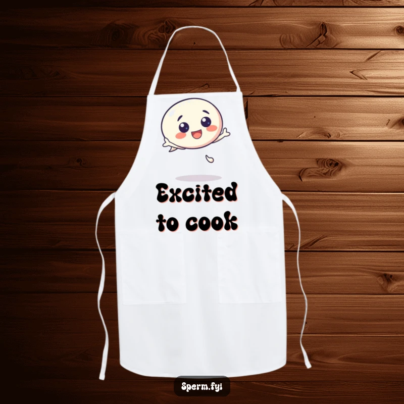 Funny Apron: A cute kawaii speech bubble character energetically bouncing, designed for kitchen fun and mess protection.