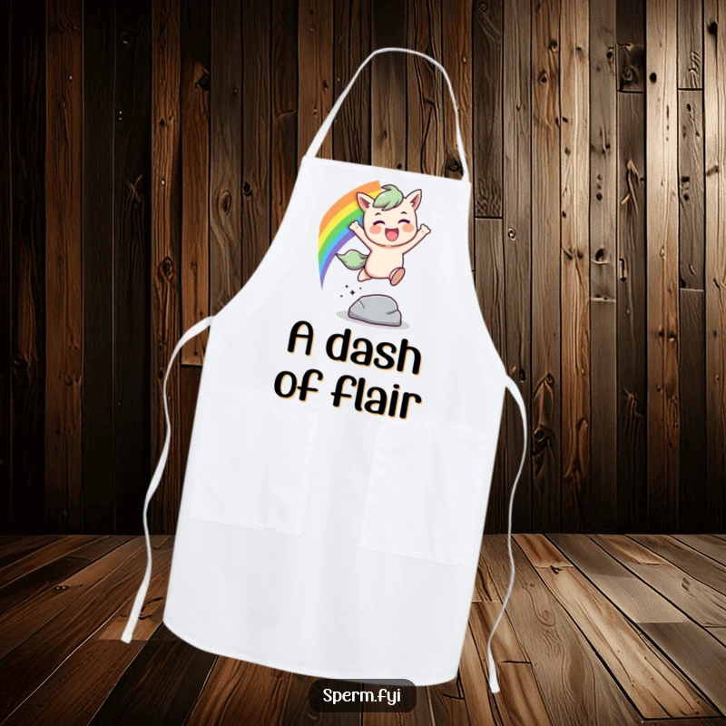 Funny rainbow leap apron, a character leaping over an obstacle with a rainbow trail, practical and colorful kitchen wear.
