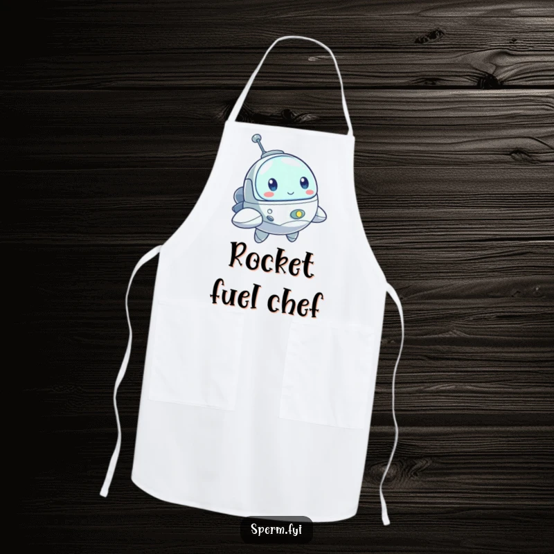 Funny apron with a bouncing little spaceship character with a determined look, perfect for cooking with an adventurous spirit.