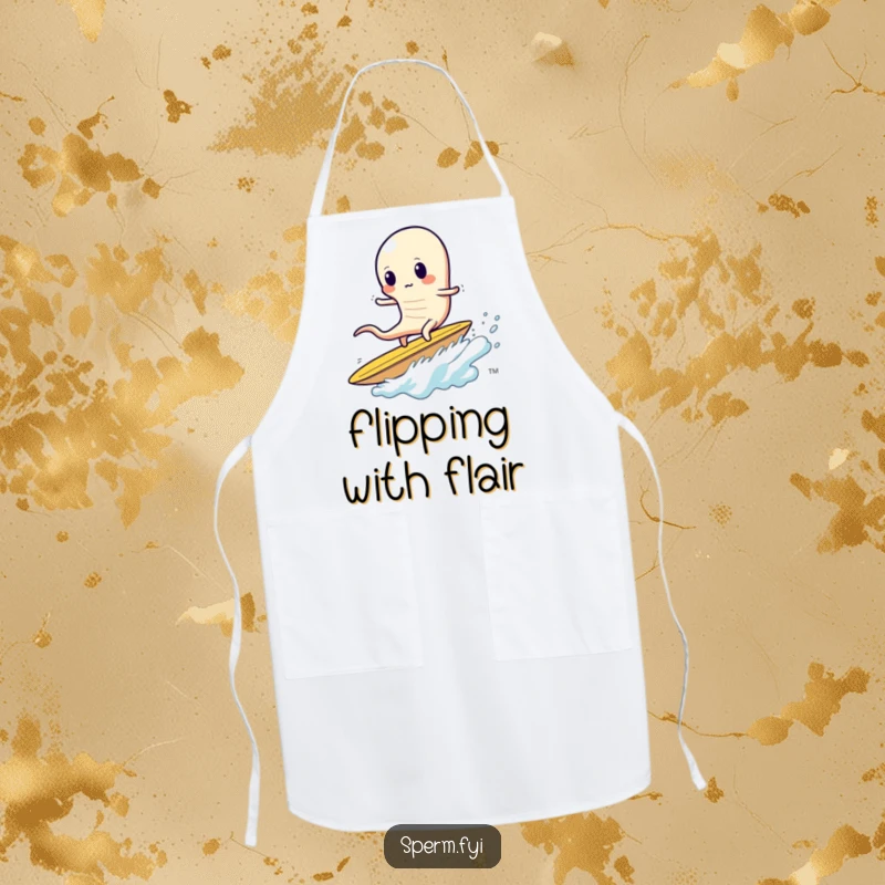 Funny sperm chef apron, a sperm wobbly while surfing a giant potato chip, snack theme.