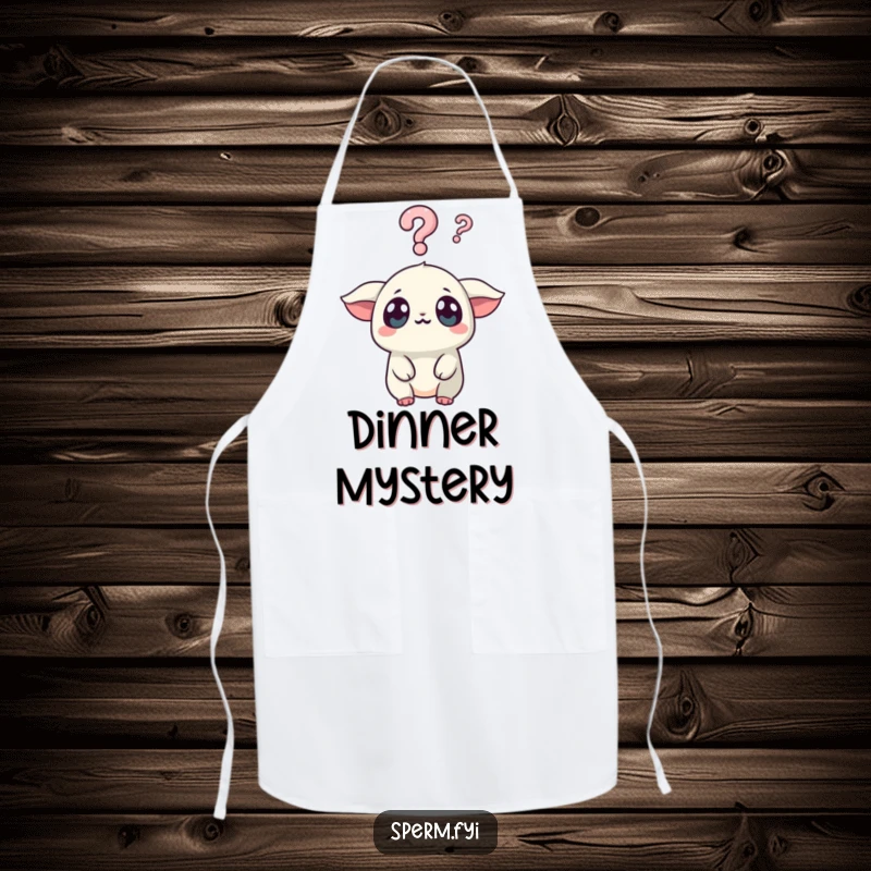 Funny Kawaii Creature Apron: A Kawaii creature with wide eyes looks surprised at a question mark, bringing funny curiosity to cooking.