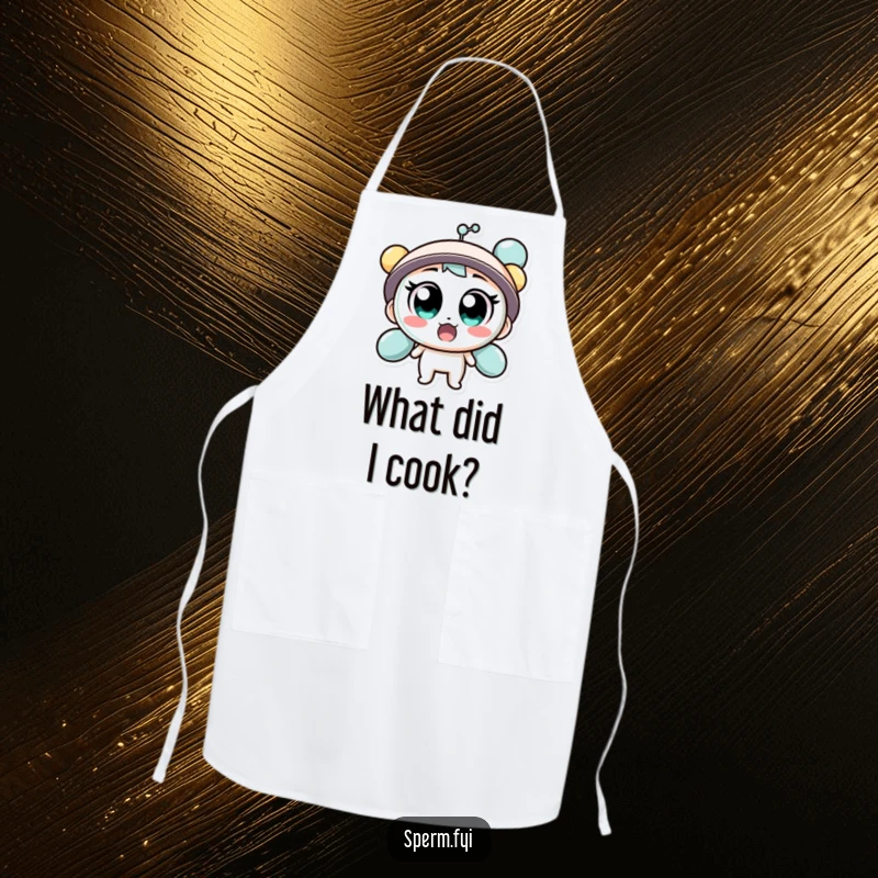Funny apron with a surprised molecule character with wide eyes, perfect for kitchen humor.