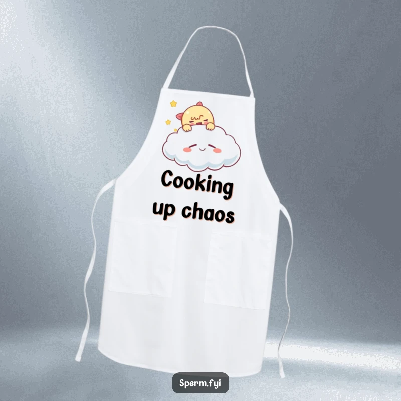 Funny tickling cloud apron, a character tickling a sleeping cloud, practical and humorous kitchen wear.
