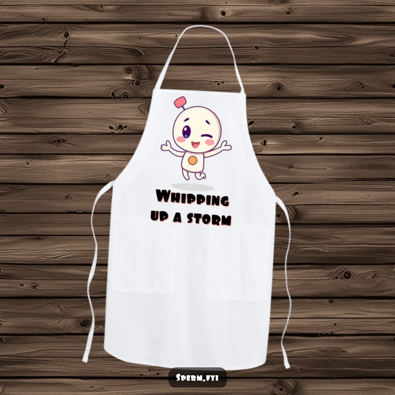 Funny apron featuring a winking atom character dancing, perfect for kitchen fun and science enthusiasts.