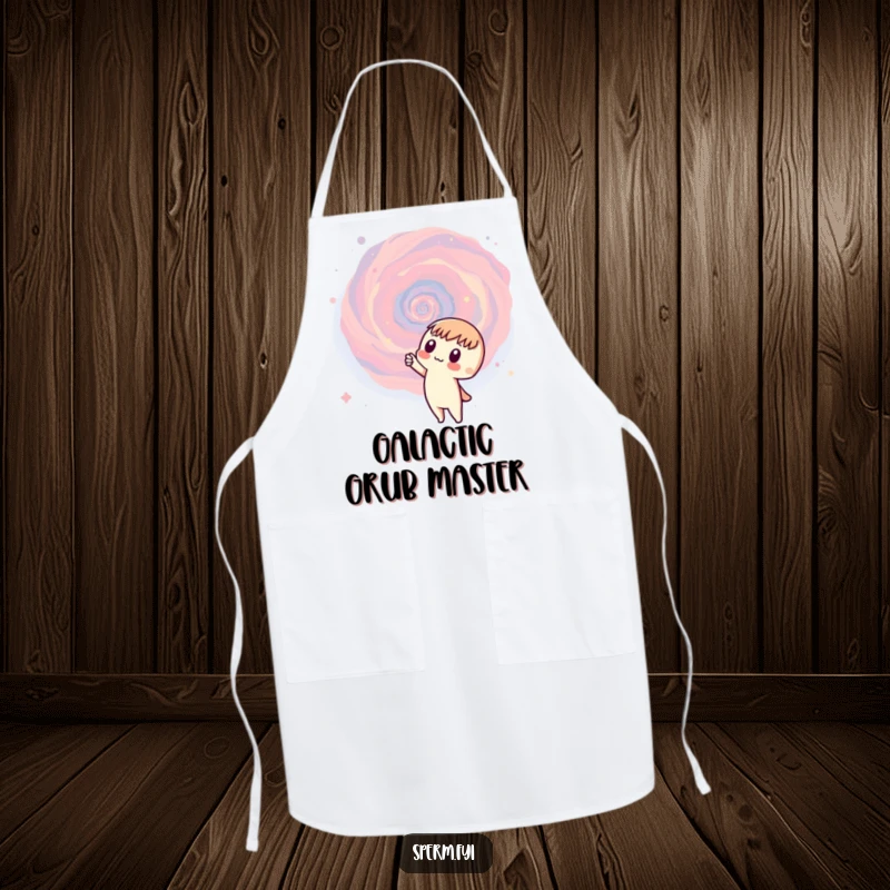 Funny galaxy apron featuring a curious character pointing at a swirling galaxy, adding humor to cooking.