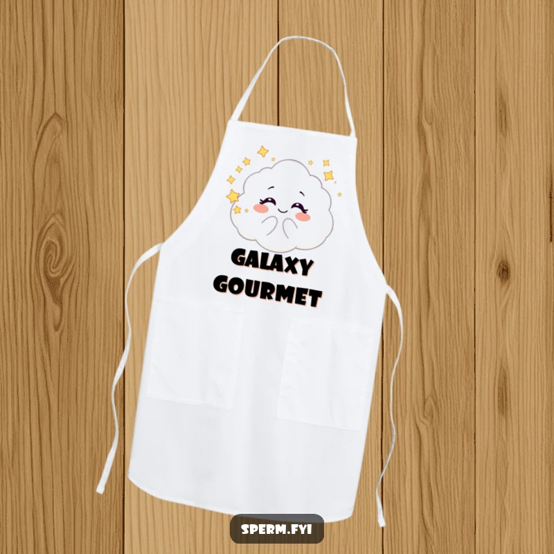 Funny apron with a giggling galaxy cloud character blowing starry bubbles, adding humor and whimsy to kitchen activities.