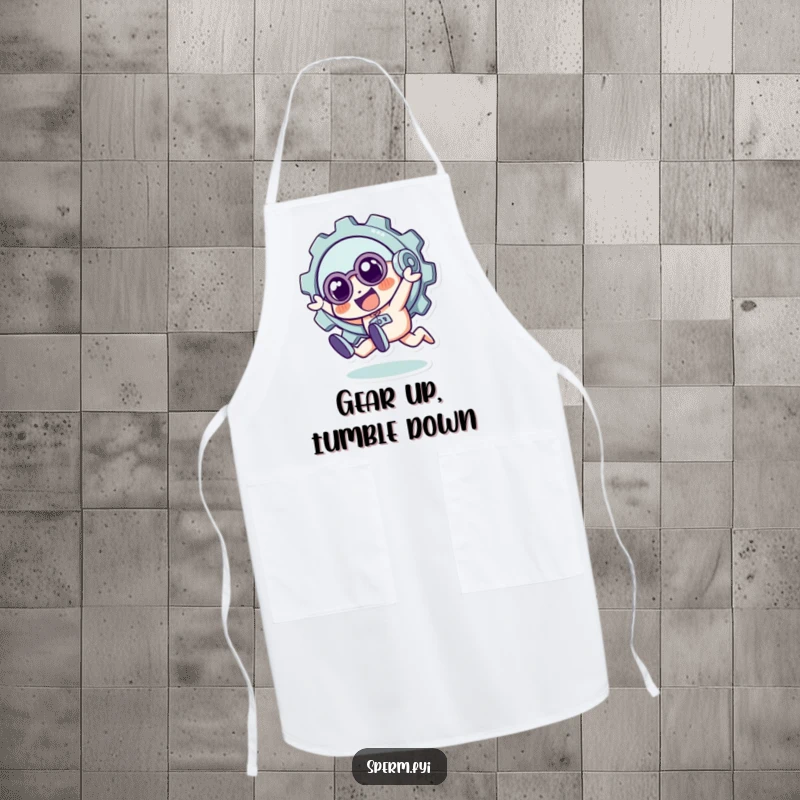 Funny apron depicting a quirky gear character in a playful tumble, great for humorous kitchen activities and gifting.