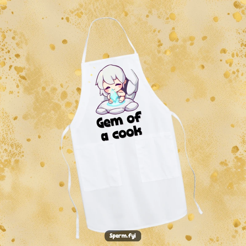 Funny apron depicting a whimsical character discovering a sparkling gem, bringing humor to the kitchen.