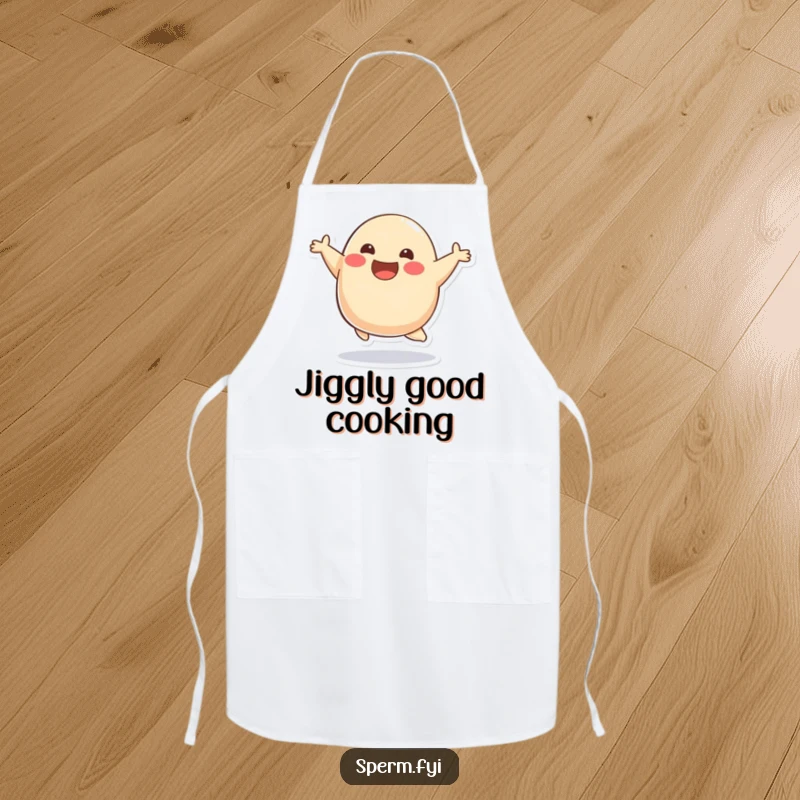 Funny smiling blob character mid-bounce on a kitchen apron, ready for joyful cooking.