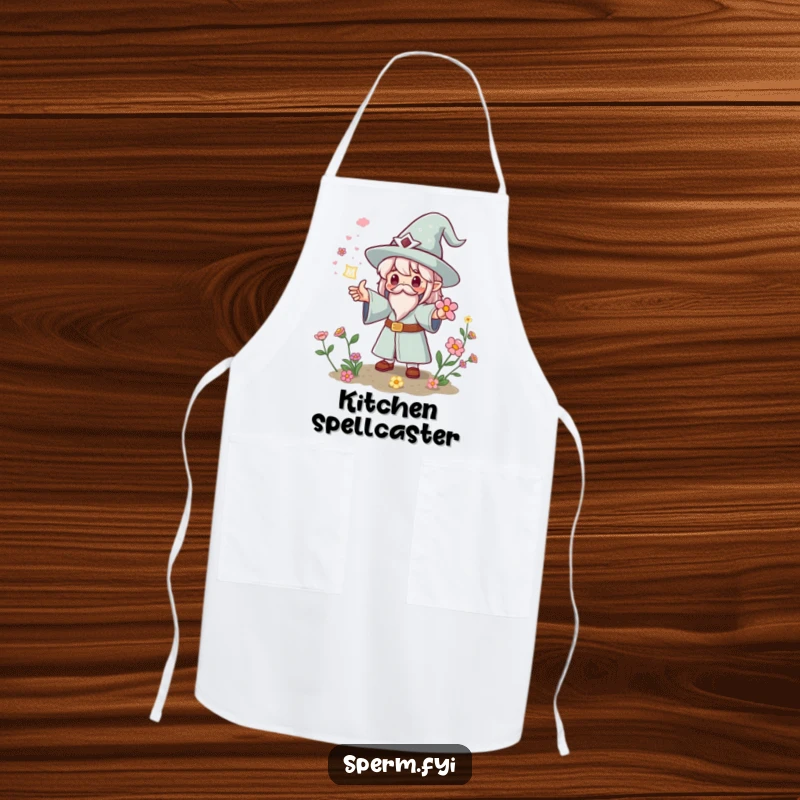 Funny Kawaii wizard apron casting a spell for instant flowers, for kitchen magic and as a funny gift.