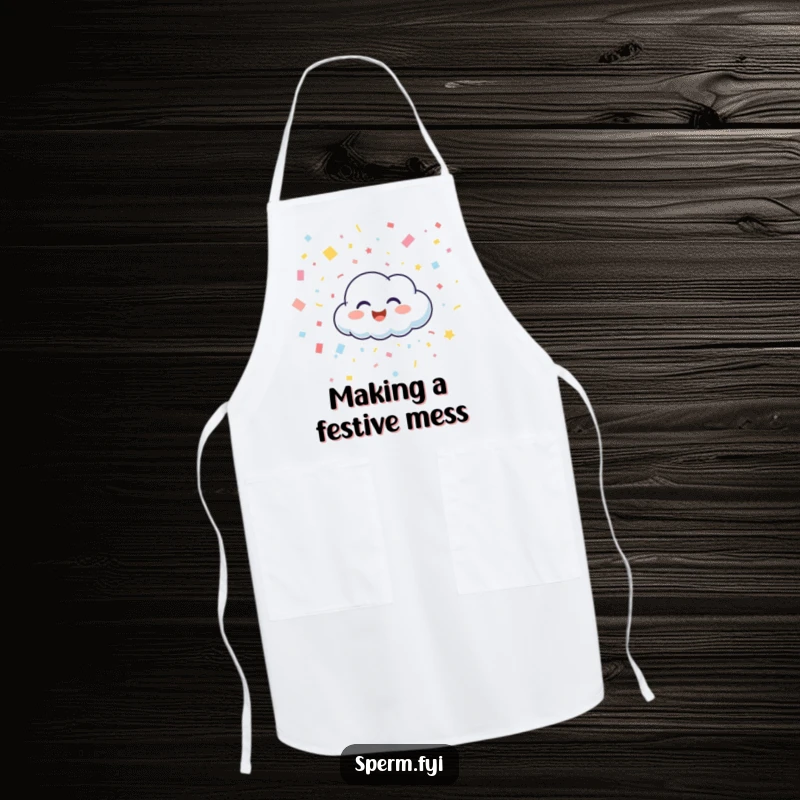 Funny apron showing a happy cloud character giggling and raining confetti, perfect for humorous kitchen activities and gifting.