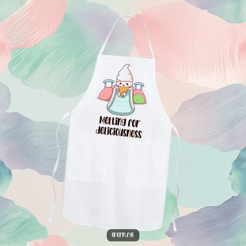 Funny Kawaii ice cream cone apron showing a happy character sliding down a colorful slide, perfect for kitchen fun.