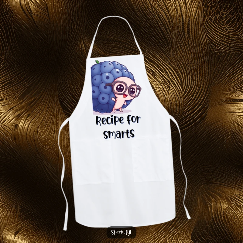 Funny sperm chef apron, wearing oversized glasses, peeking from behind a giant blueberry.
