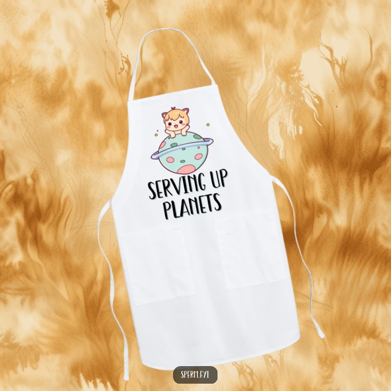 Funny apron depicting a playful character bopping a comical planet, bringing humor to kitchen tasks.