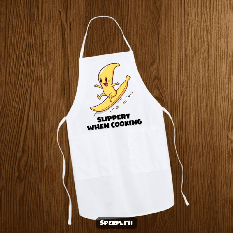Funny kitchen apron showing a sperm character gleefully riding a banana peel downhill, ideal for adventurous cooks.