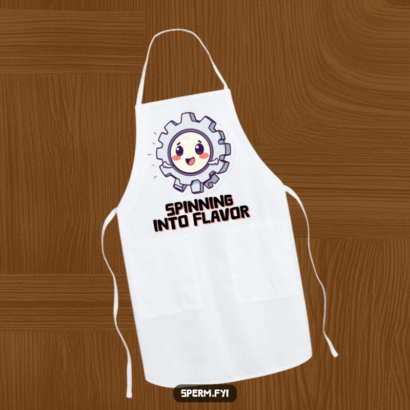 Funny apron with a playful gear character spinning quickly, ideal for chefs and home cooks who love humor.