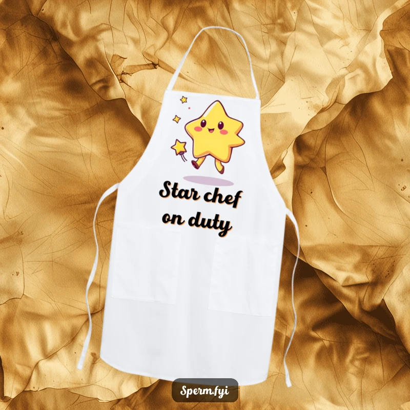 Funny apron with a star character playing tag with a comet, ideal for keeping messes at bay with a humorous space theme.