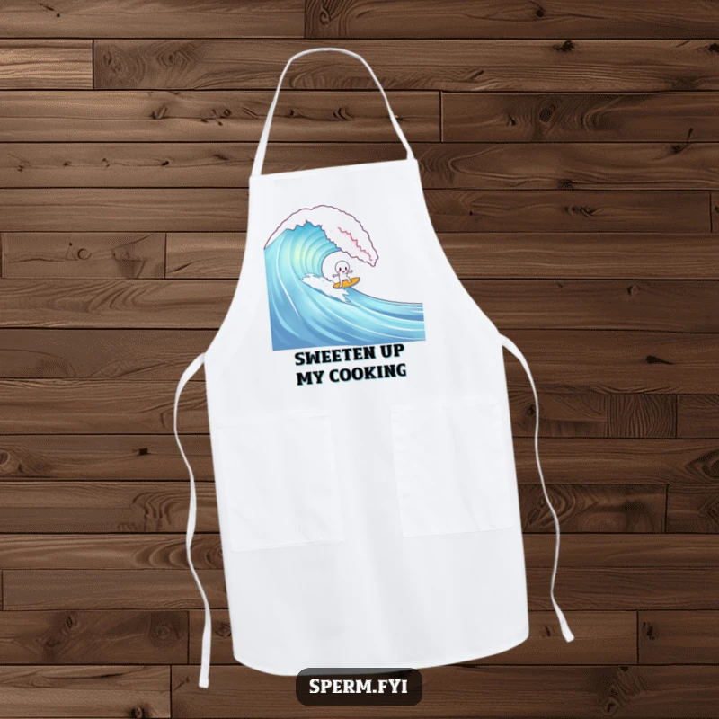 Funny kitchen apron showing a sperm character attempting to surf a gummy bear wave, ideal for adventurous cooks.