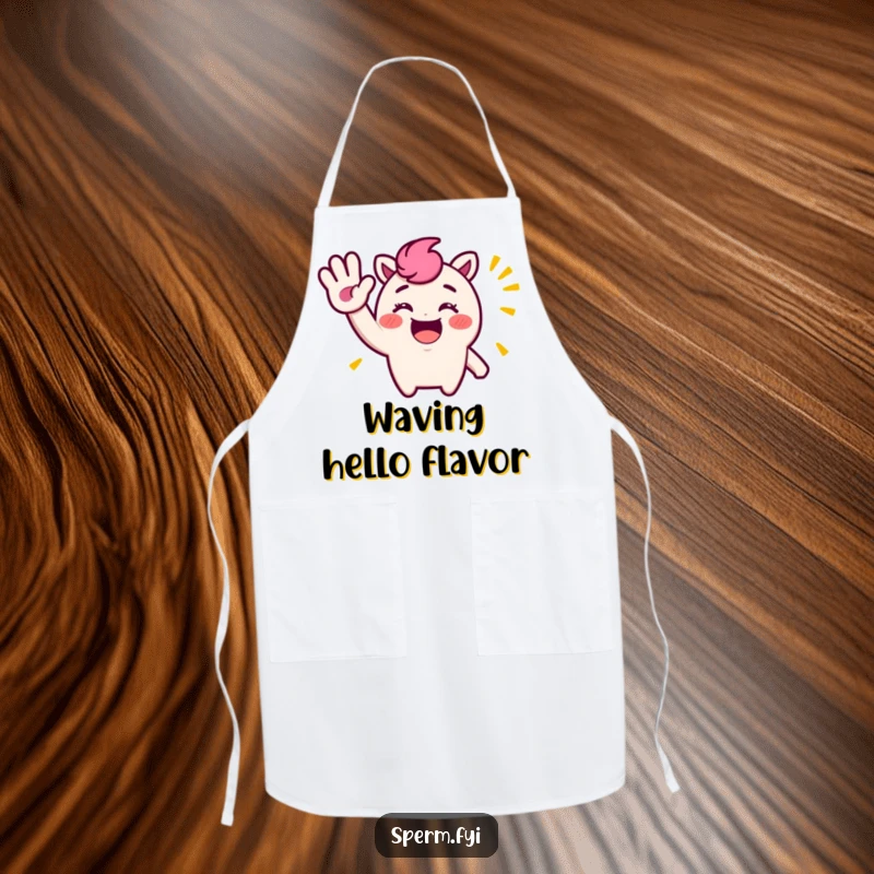 Funny Apron: A cheerful character doing a big, silly, exaggerated wave while cooking or baking with joy.