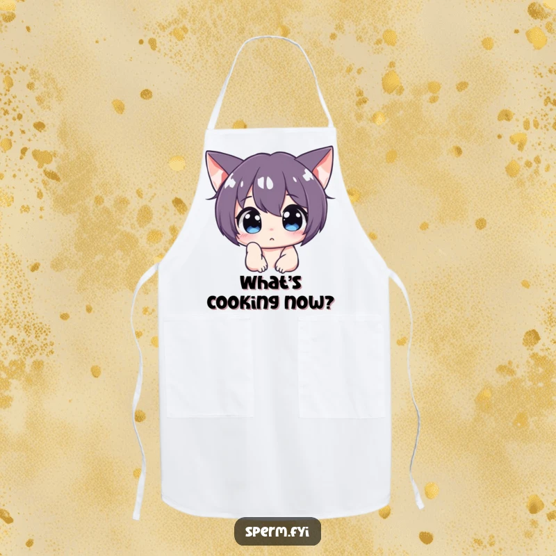 Funny curious character peering intently off-screen on a kitchen apron, adding intrigue to the culinary process.