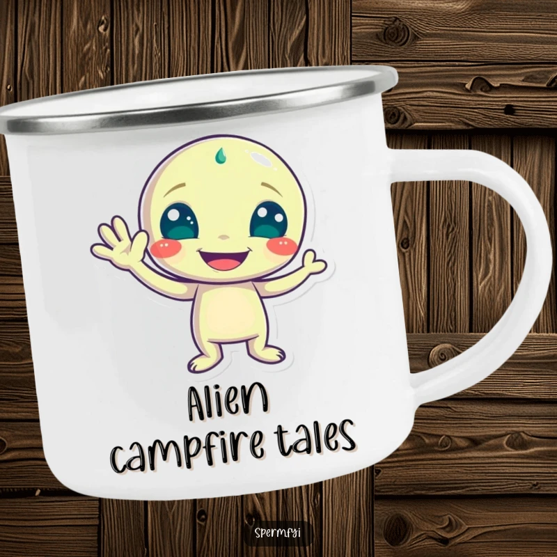 Funny camping mug with a playful alien character waving with a wide grin, ideal for enjoying drinks under the stars.