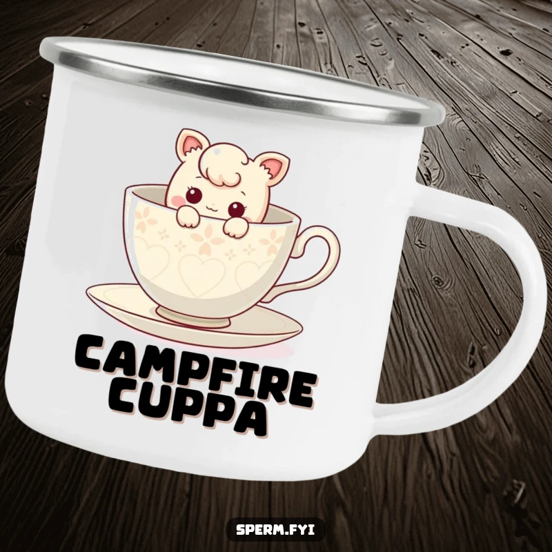 Funny curious character peeking out from inside a giant teacup, perfect for a humorous camping mug.