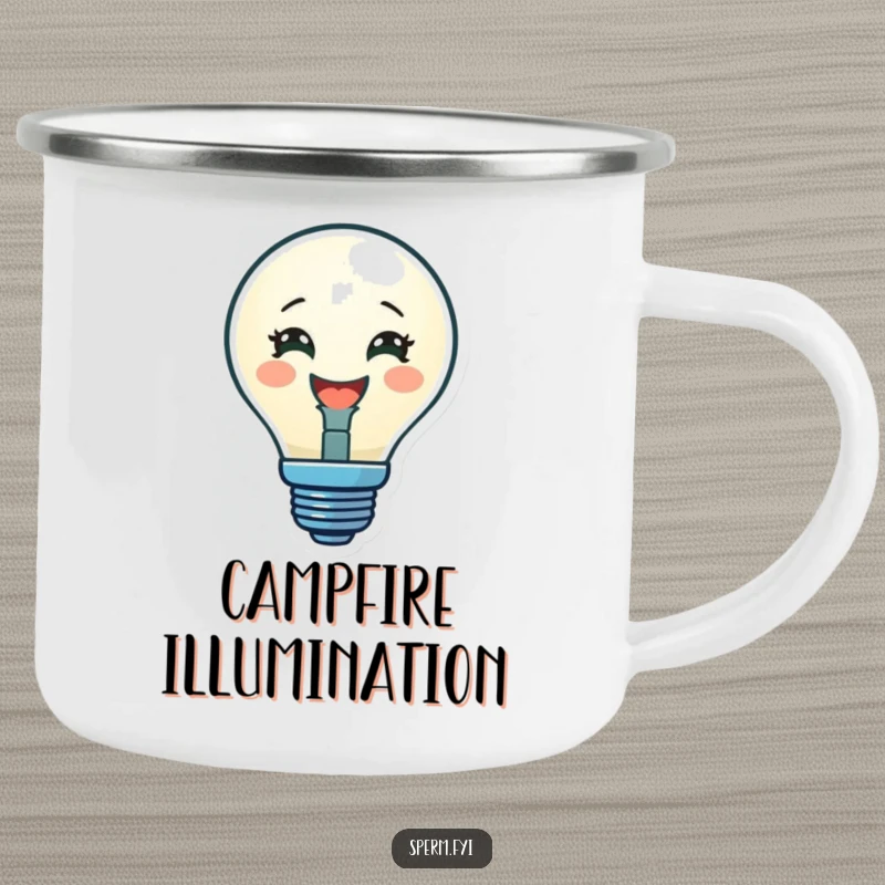 Funny camping mug with a delighted lightbulb character glowing brightly, ideal for enjoying drinks during outdoor adventures.