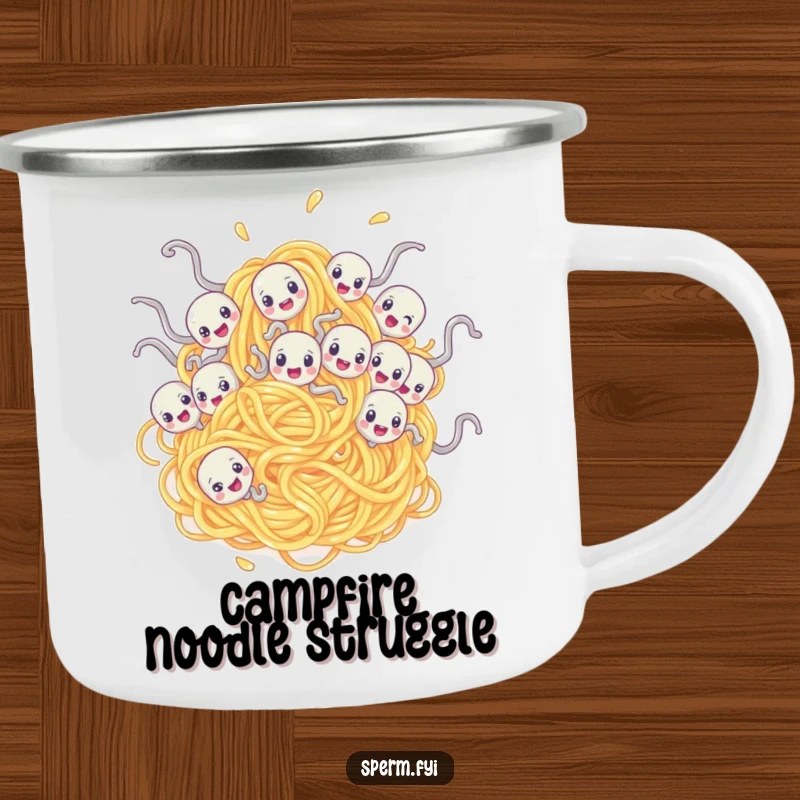 Funny enamel camping mug with sperm characters comically tangled in a giant spaghetti noodle, perfect for outdoor fun.