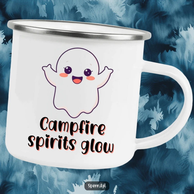 Funny Ghost Camping Mug with a cheerful cartoon ghost doing a joyful wobble, perfect for humorous outdoor enjoyment.