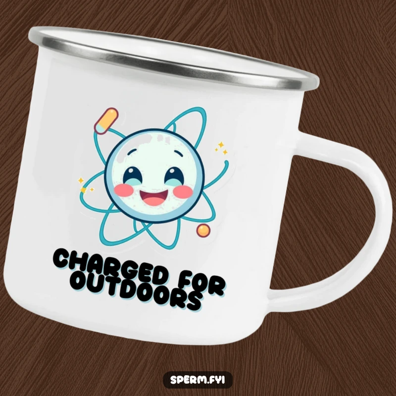 Funny, durable camping mug with a smiling atom character spinning energetically, perfect for humorous outdoor scientific exploration.