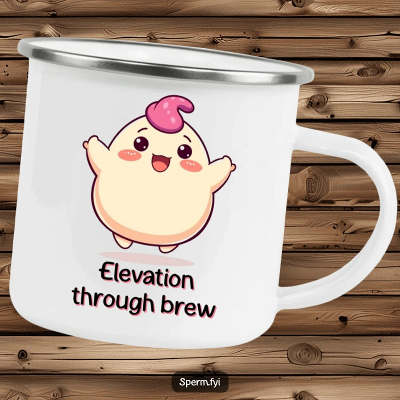Funny blob camping mug of a happy character cheerfully bouncing upwards, ready for any adventure.