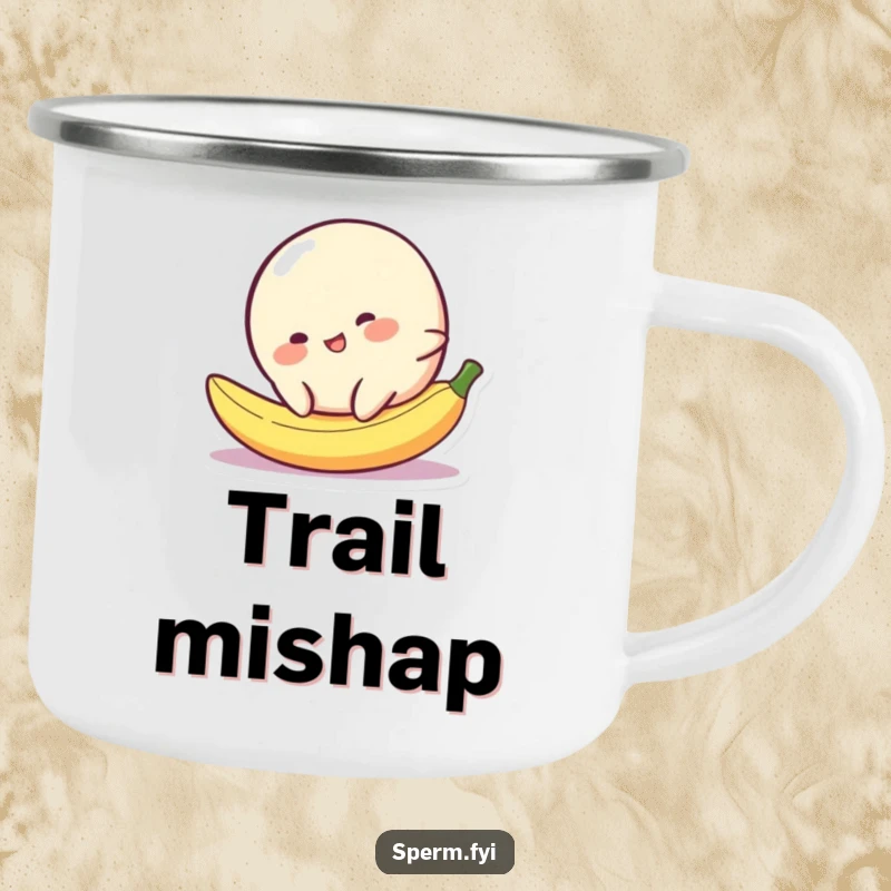 Funny blob character comically slipping on a tiny banana peel, perfect for a humorous camping mug.