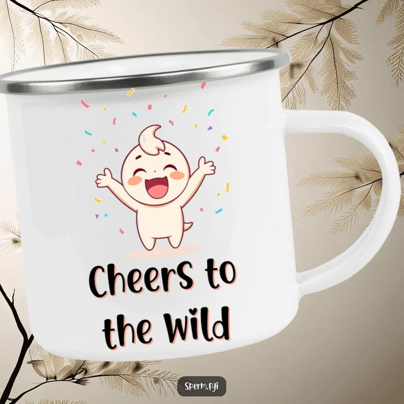 Funny camping mug showcasing a joyful character cheering amid a confetti downpour, perfect for rustic celebrations.