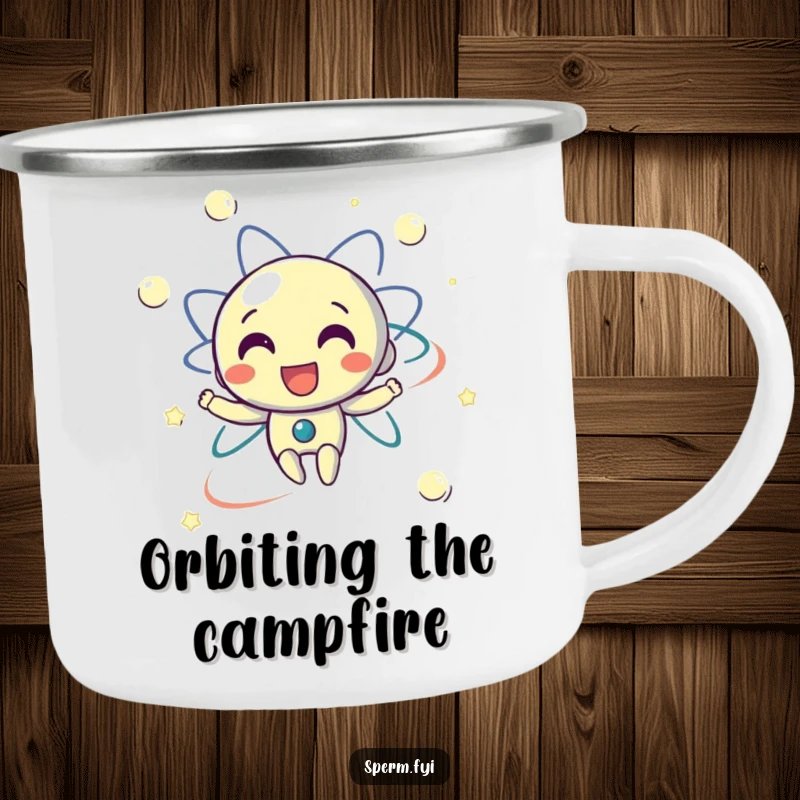 Funny camping mug with a delighted electron character happily orbiting, perfect for scientific minds on outdoor adventures.