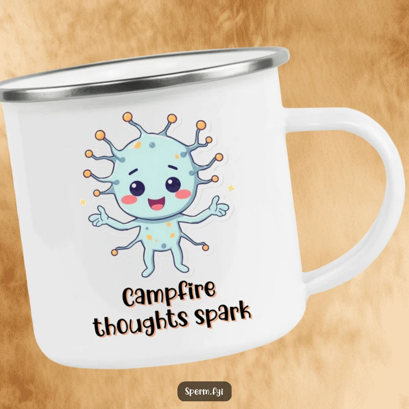 Funny camping mug with a happy neuron character sending signals, perfect for brainy minds on outdoor excursions.